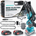 Handheld electric chainsaw with 6-inch chain, two lithium batteries, safety goggles, gloves and storage box