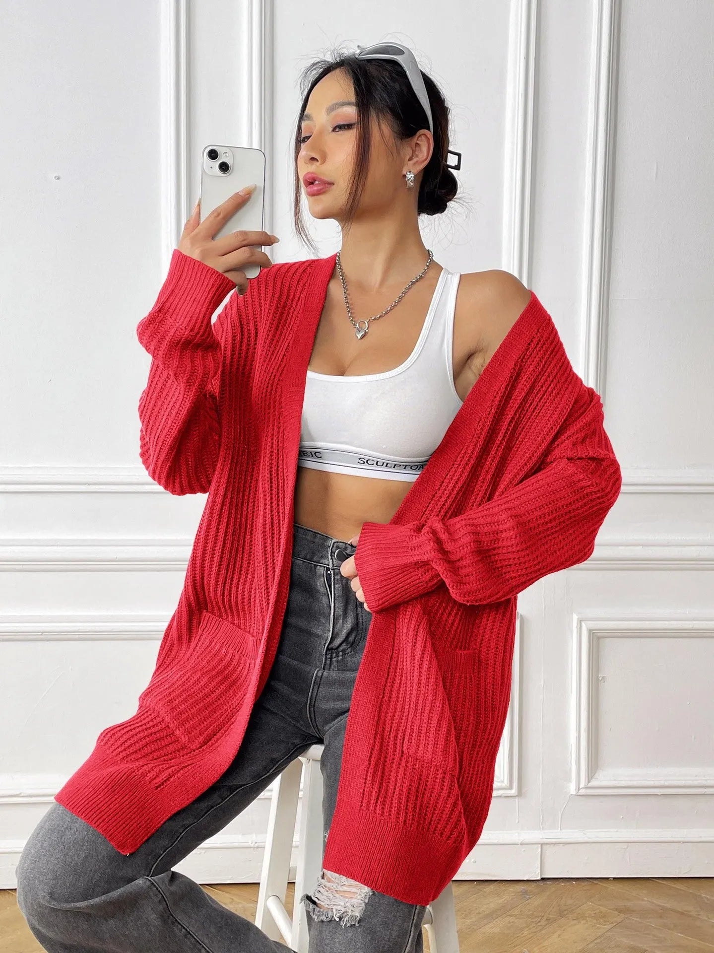 Women's mid-length acrylic cardigan with double pockets in loose European street style