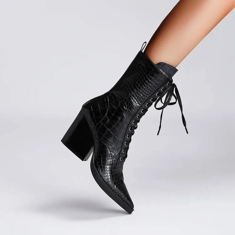 Dark brown women's lace-up ankle boots with a retro stone pattern, pointed toe, and a chunky high heel.