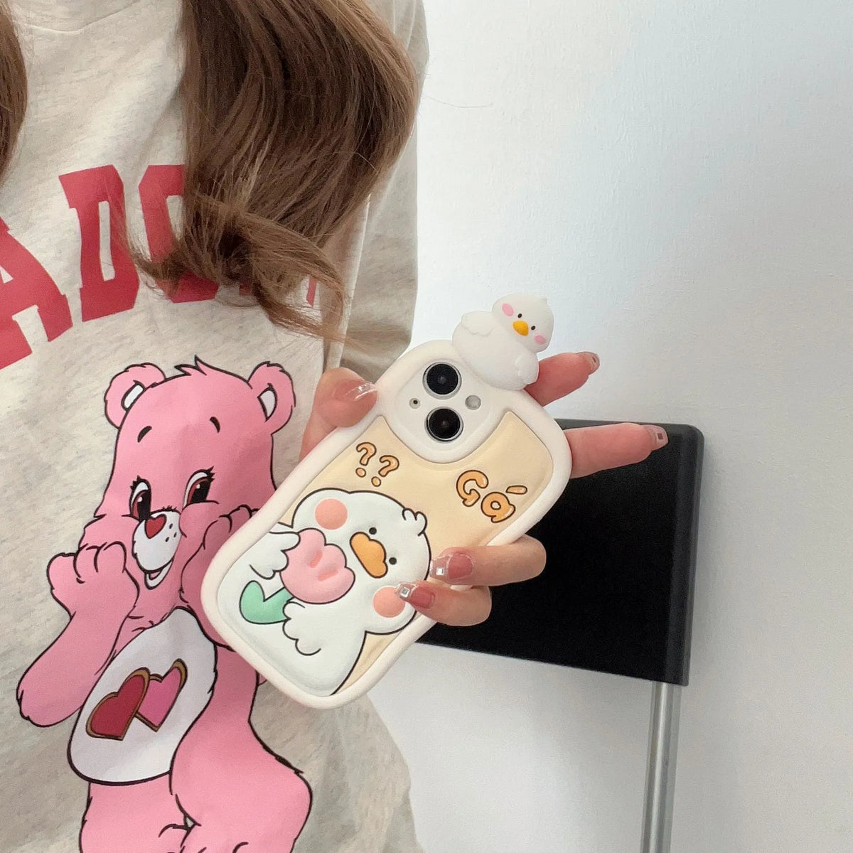 Cute three-dimensional duck TPU phone case for iPhone back cover, Pink Tulips colour, with duck design raised from surface
