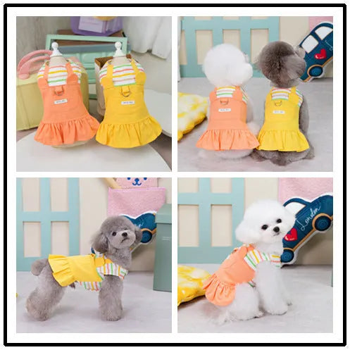 Striped patchwork dog skirt in cotton material showing orange and yellow colour options