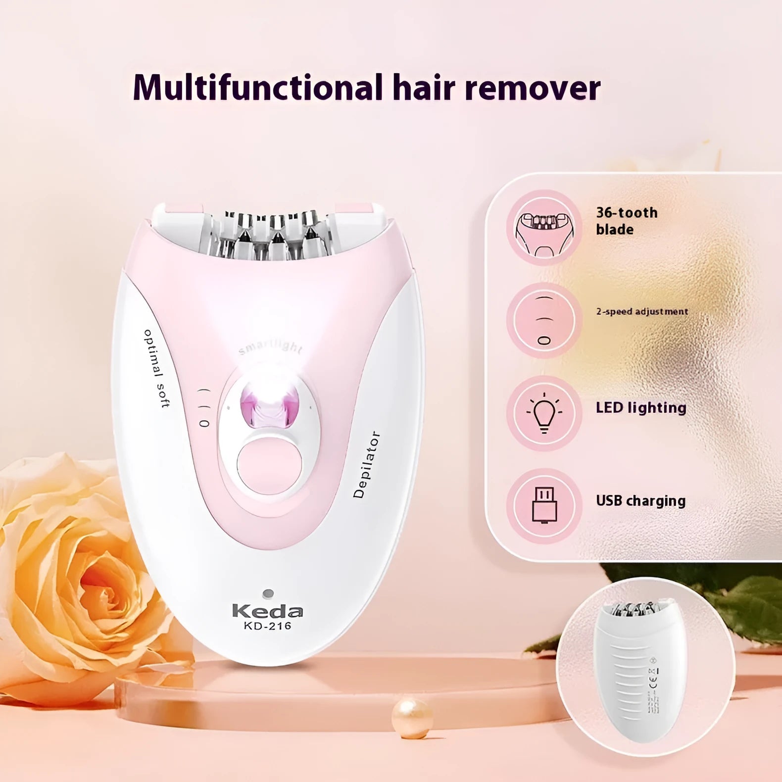 KEDA-216 coloured portable electric epilator with USB charger and cleaning brush on white background