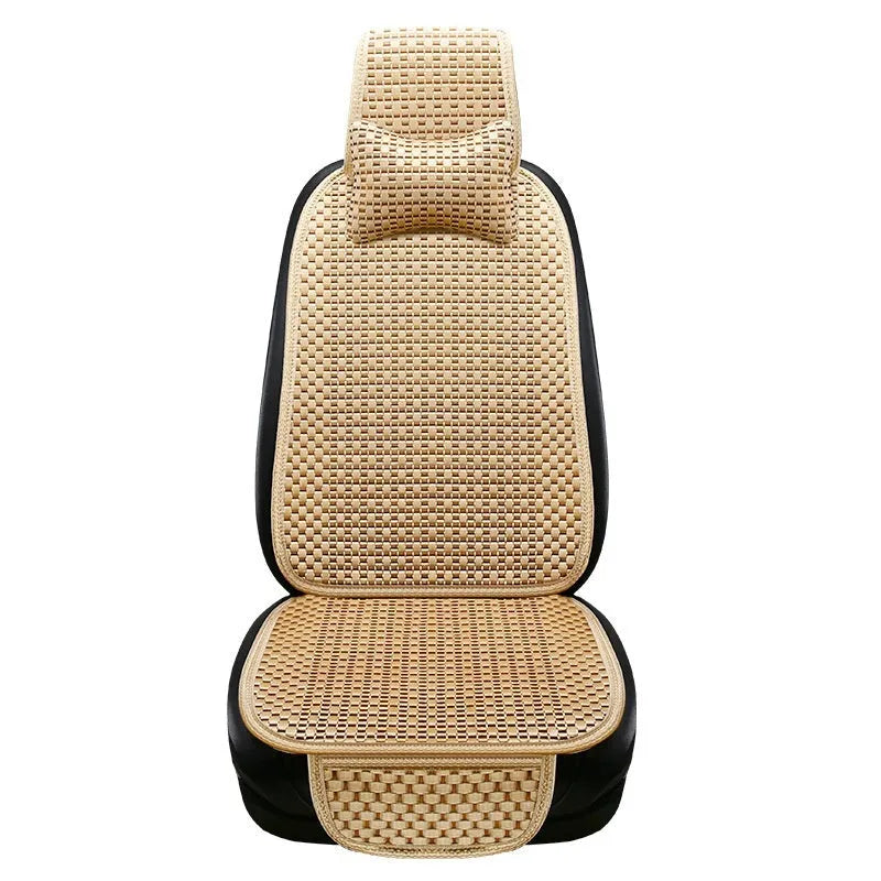 Ice silk car seat cushion in warm cream colour with flat minimalist design sitting on a car seat.