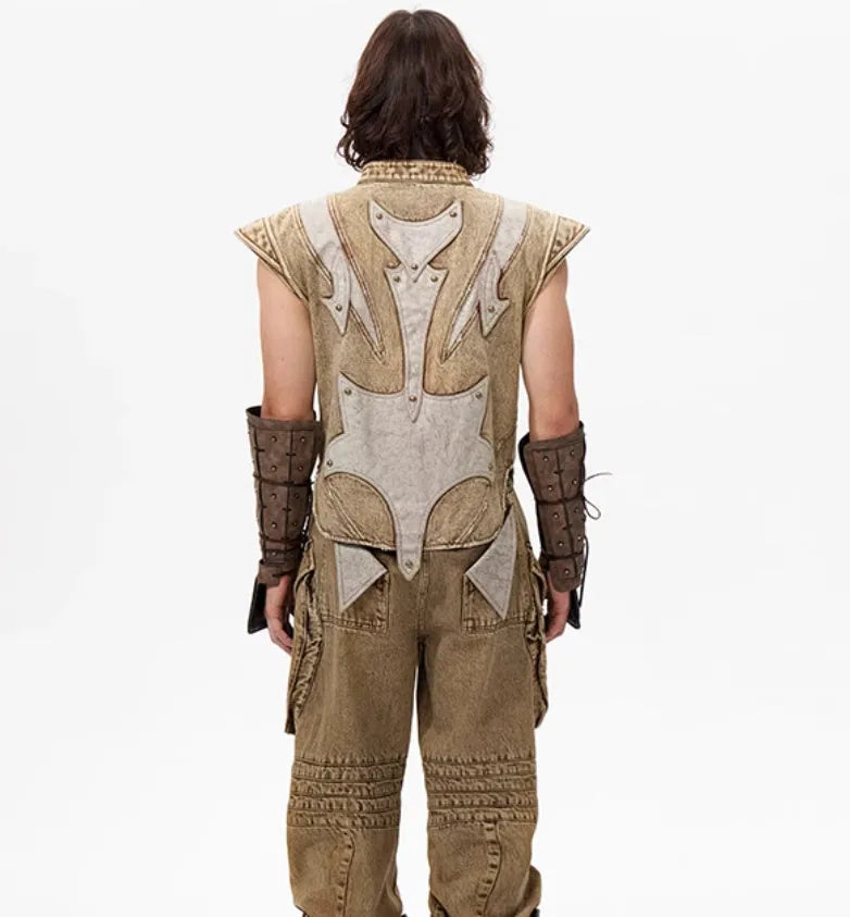 Men's pleated denim vest in cotton fabric, Korean style, shown in available colour.