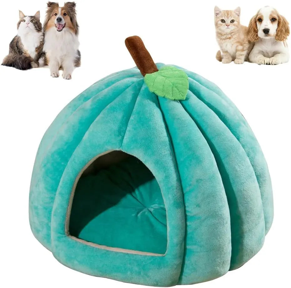 Pumpkin-shaped plush cat cave bed with a round entry hole, shown in blue colour