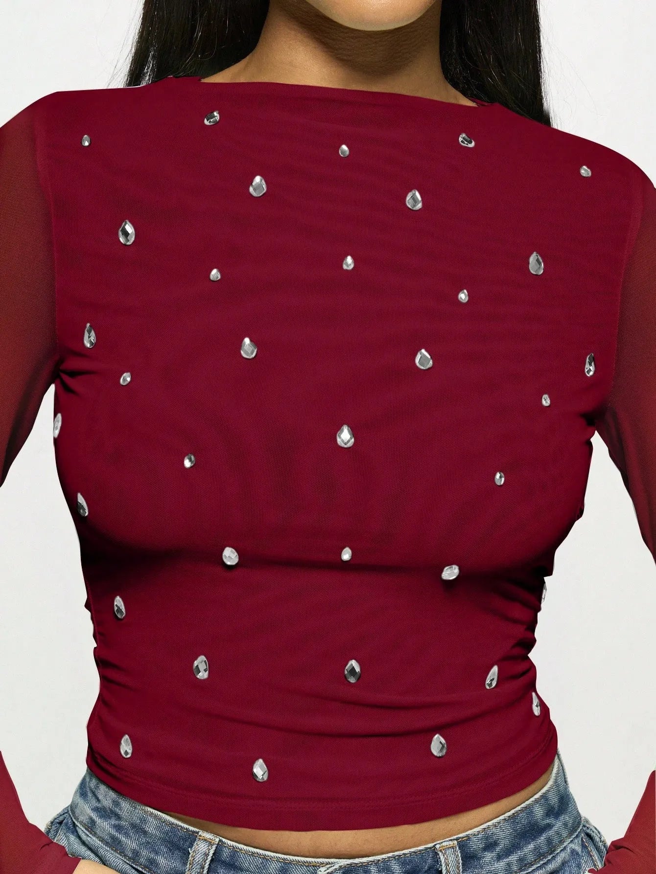 Women's long sleeve double-layer mesh top with rhinestone detailing in wine red, front view