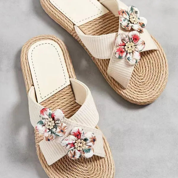 Ladies trendy indoor outdoor slippers with six small flower pattern, cotton cloth upper, TPR sole, available in black and yellow