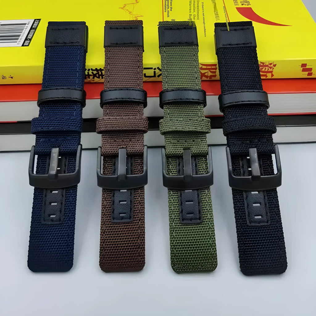 A canvas watch strap made from Oxford cloth in camouflage colour, showing the textured fabric and standard lug ends.