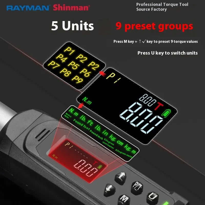 Electronic digital display torque wrench with LCD screen and chrome-vanadium steel construction