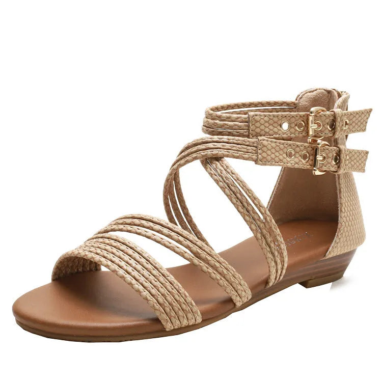 Women's open toe thick bottom sandals with cross Roman straps, back zipper, and non-slip rubber sole in black