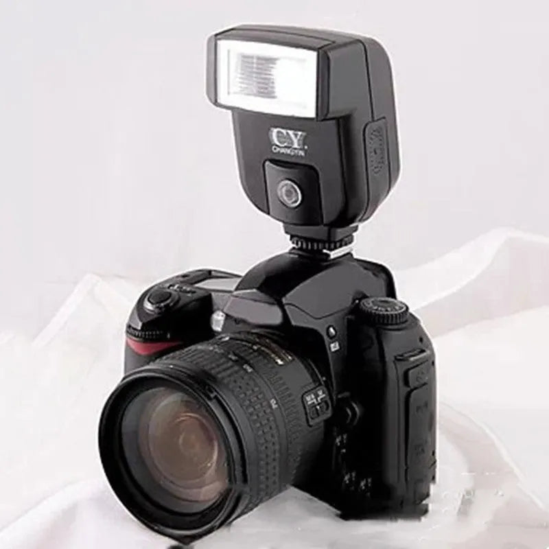 SLR camera flash accessory with tilt head shown at 90-degree angle for bounce flash