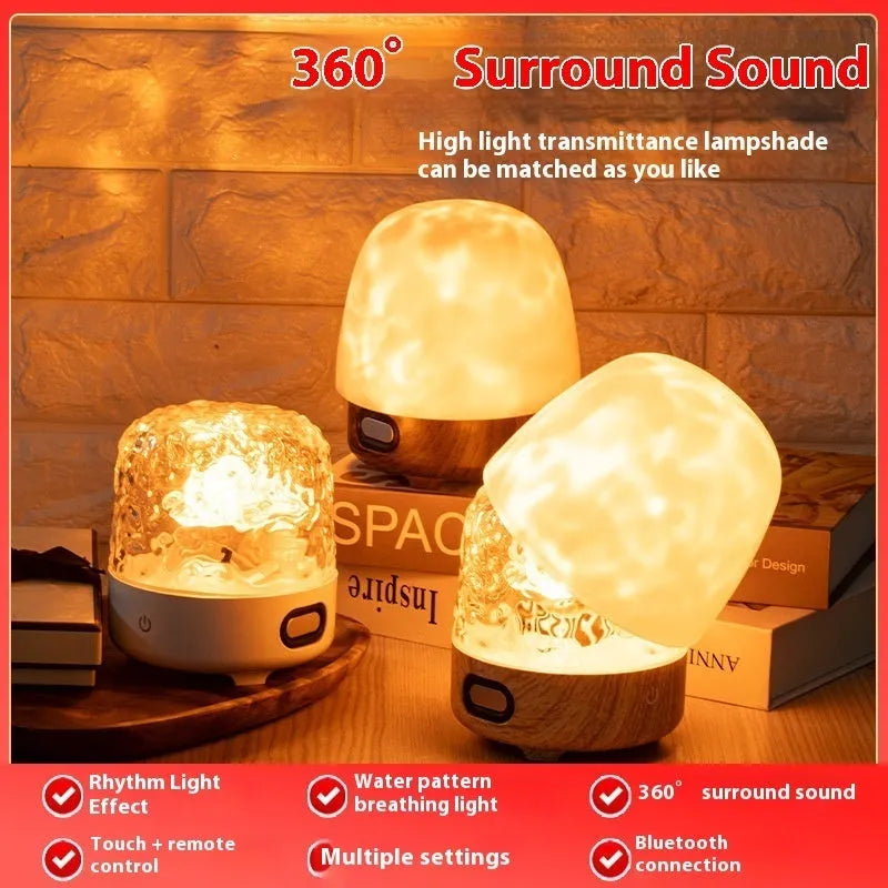 Dynamic Water Ripple Bluetooth walnut bedside table lamp with planet-shaped shade and 16 colour lights