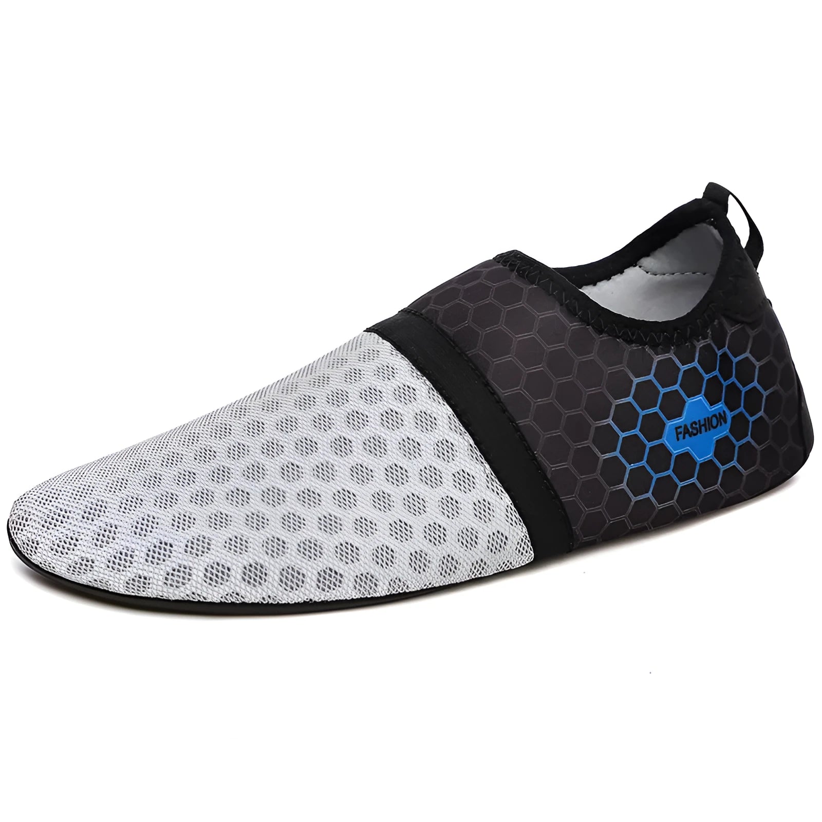 Unisex mesh beach shoes in blue with rubber sole, flat heel, and round toe