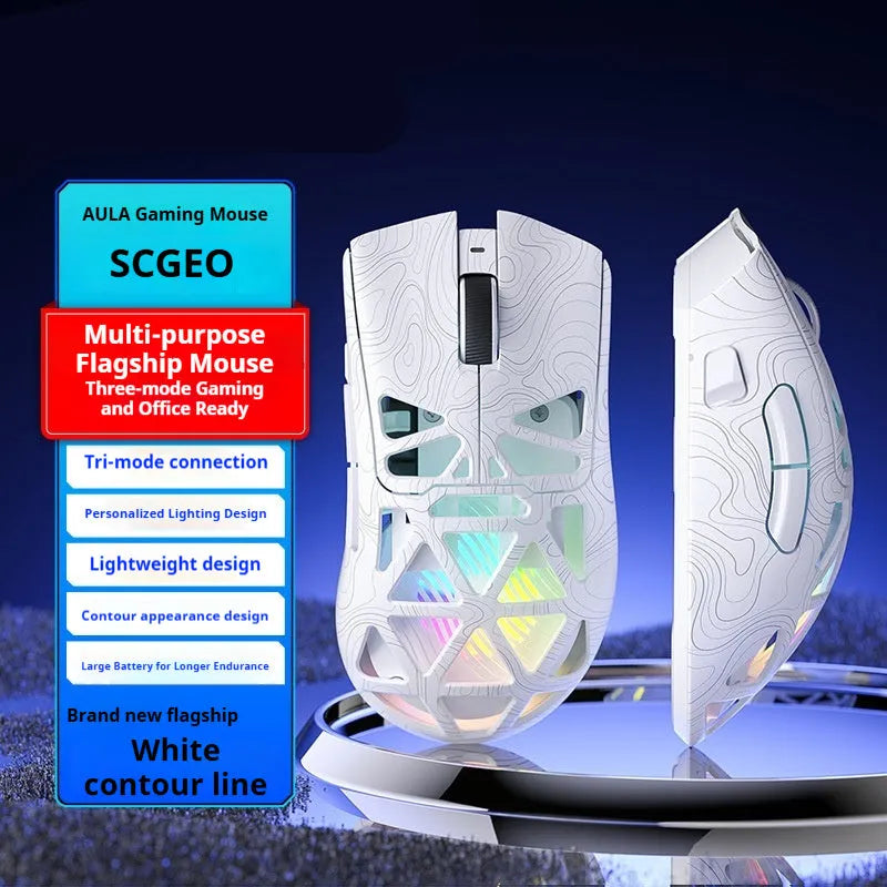 Wireless three-mode hollowed-out mouse in black, white, and pink contour variants for gaming and office use