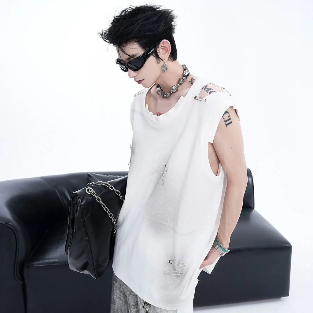 Men's black sleeveless t-shirt waistcoat with ripped irregular cutting detail and round neck collar