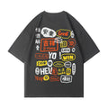 Men manga graphic cotton t-shirt with Harajuku graffiti print in black, round neck short sleeve summer top