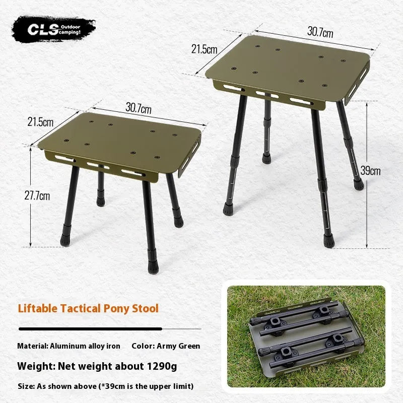 CLS aluminium dual-use camping stool shown in Army Green, folded and with storage bag.