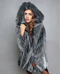 Silver grey women's mid-length artificial fur coat with loose fit and regular sleeves.