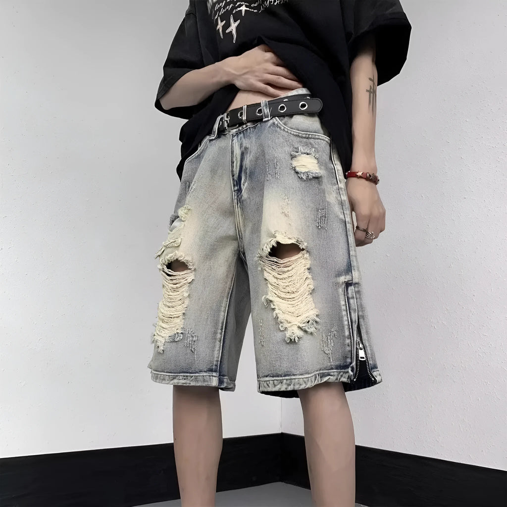 Blue retro distressed denim shorts with wide-leg loose fit on Asian size mannequin