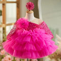 Rose red polyester baby dress with round neck and short sleeves for toddlers