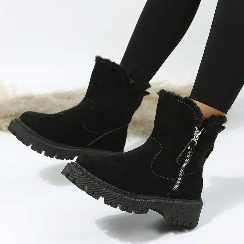 Women's high-top snow boots in black with side zip and thick plush lining
