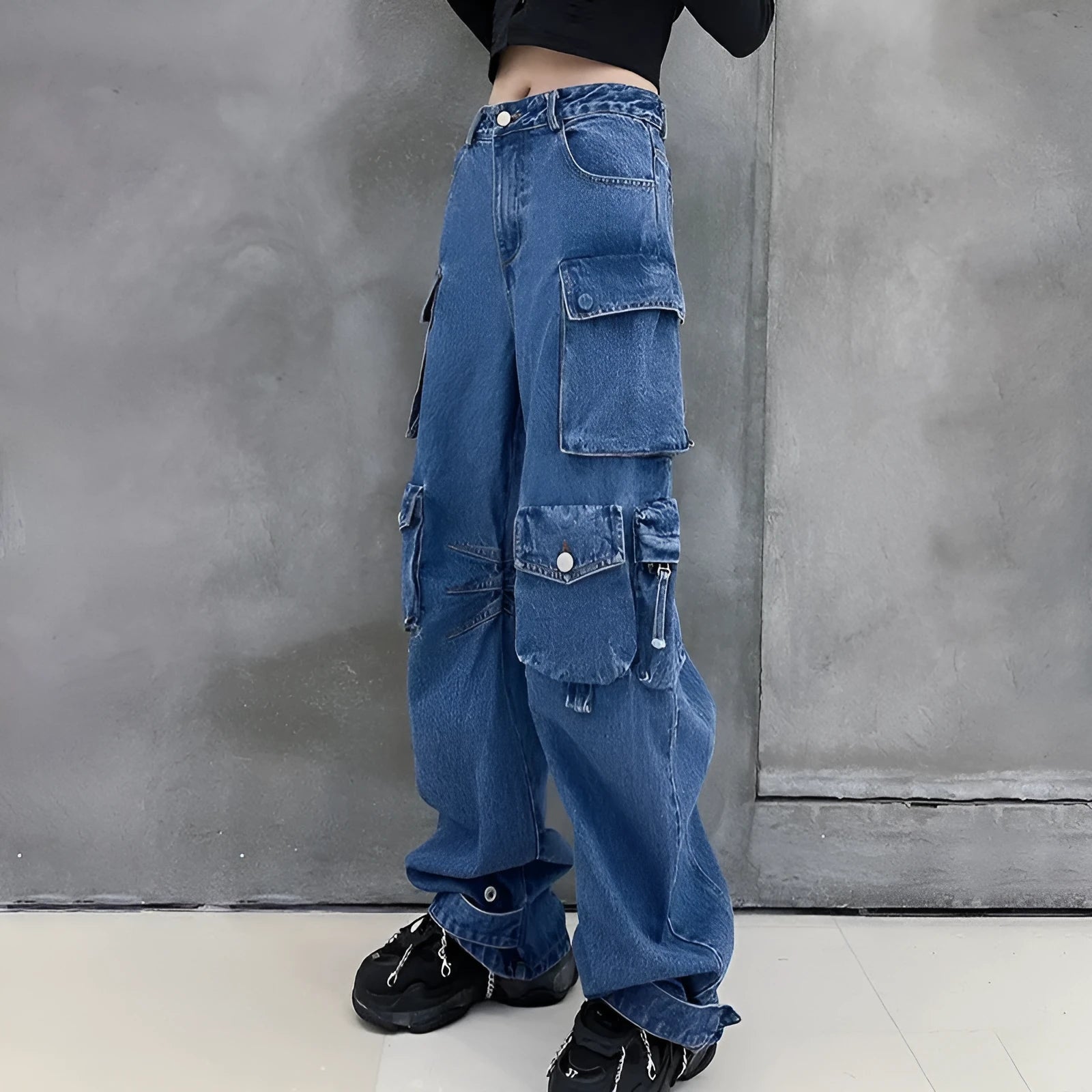 Women's blue baggy wide leg cotton denim jeans with multi-pockets, European style