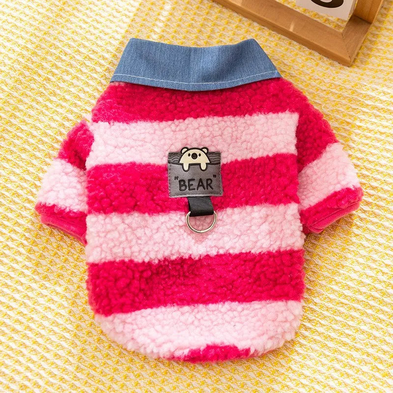 Thick warm winter sweater with leash hole for small dog or cat, striped lamb wool denim, available in black blue and pink