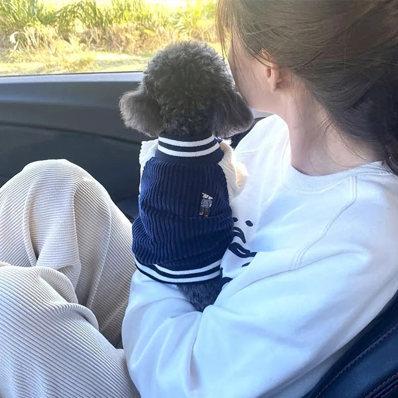 Pet jacket in navy blue or brown baseball uniform style, thermal cloth, sizes XS to XL