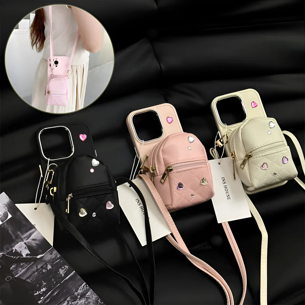 Crossbody wallet phone case with rhinestone design and removable shoulder strap in antique white