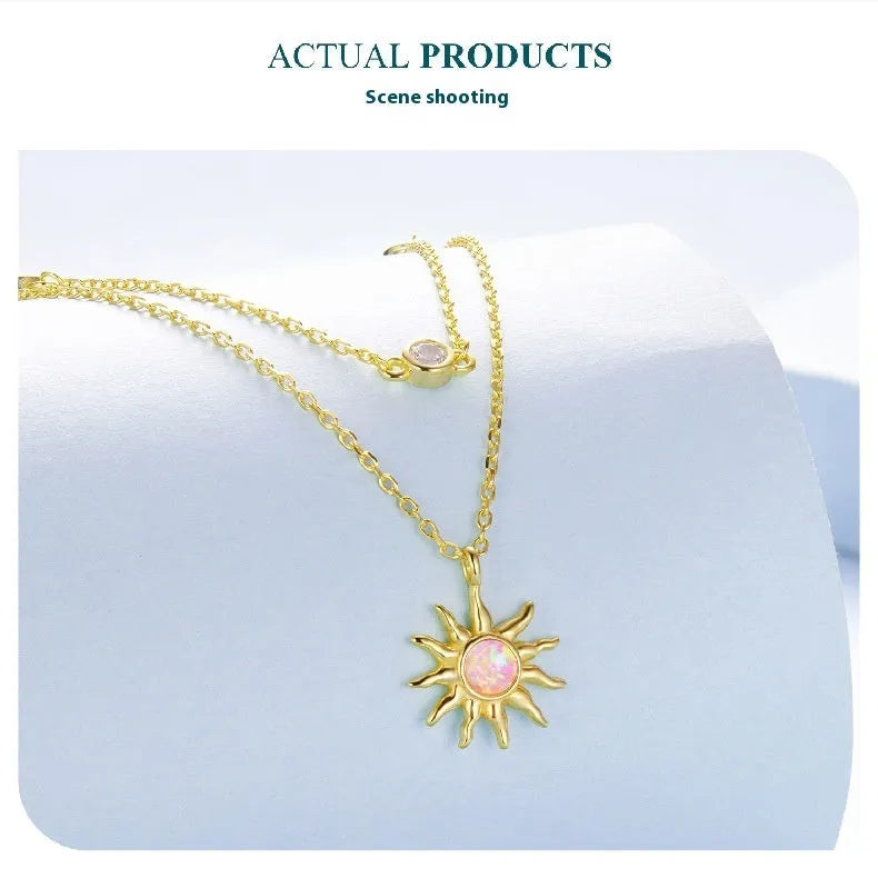 925 silver double-layer O-shaped chain necklace with sun motif pendant in gold opal finish