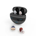 C700 digital in-ear hearing aid in red and blue with charging case and earplug accessories.