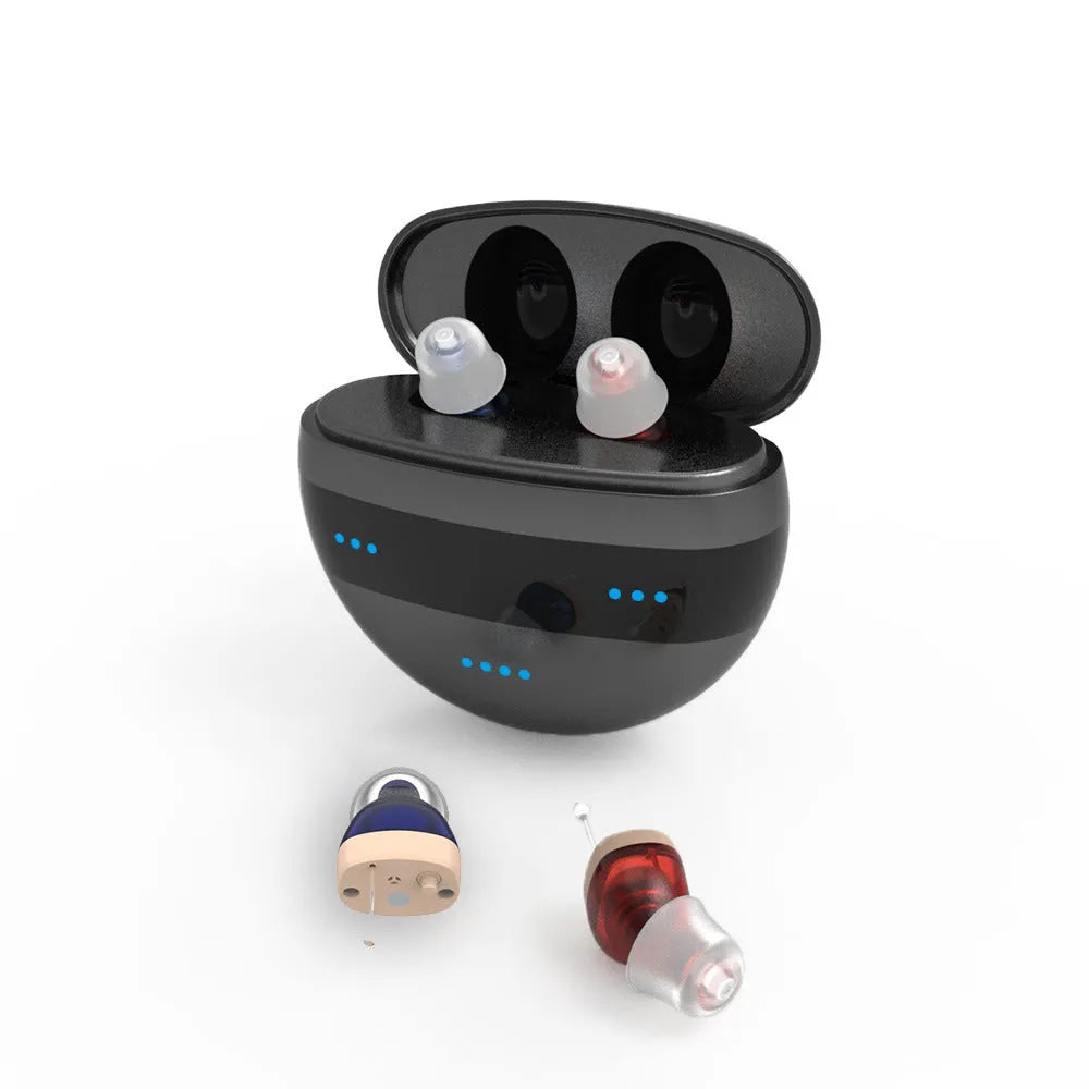 C700 digital in-ear hearing aid in red and blue with charging case and earplug accessories.