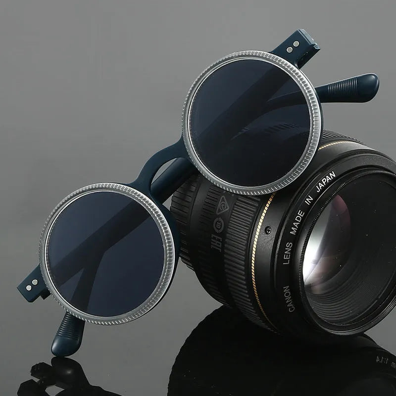 Men's adjustable zoom polarized round frame sunglasses in black for driving and fishing retro style