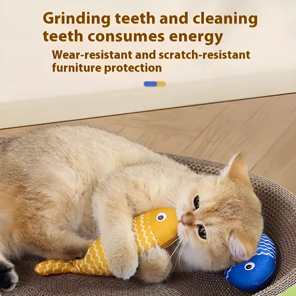 A blue, red, or yellow fabric fish-shaped cat toy filled with catnip, shown in large or medium sizes.