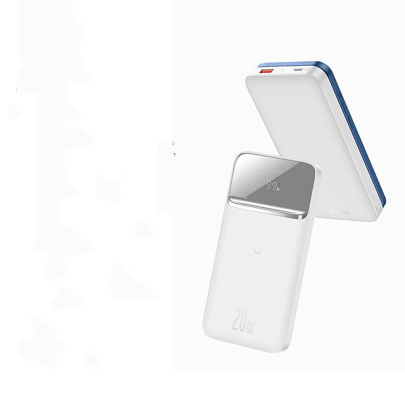 White MagSafe magnetic wireless power bank with LCD display showing battery percentage.