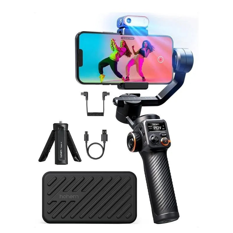 Black three-axis vlog stabiliser with AI face tracking and magnetic fill light for smartphones