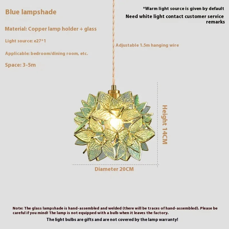 Stained glass chandelier hanging lamp with full copper E27 lamp head, 220V, in blue, orange, pink, white or transparent