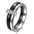 Steel black ceramic women's ring with glossy stitching and zirconium inlay on a 6mm geometric band.