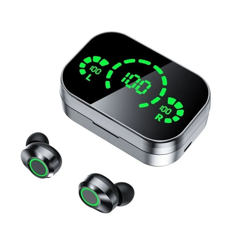 Black wireless in-ear earbuds with charging case, LED display, and breathing light, Bluetooth 5.3, 4-5 hour battery