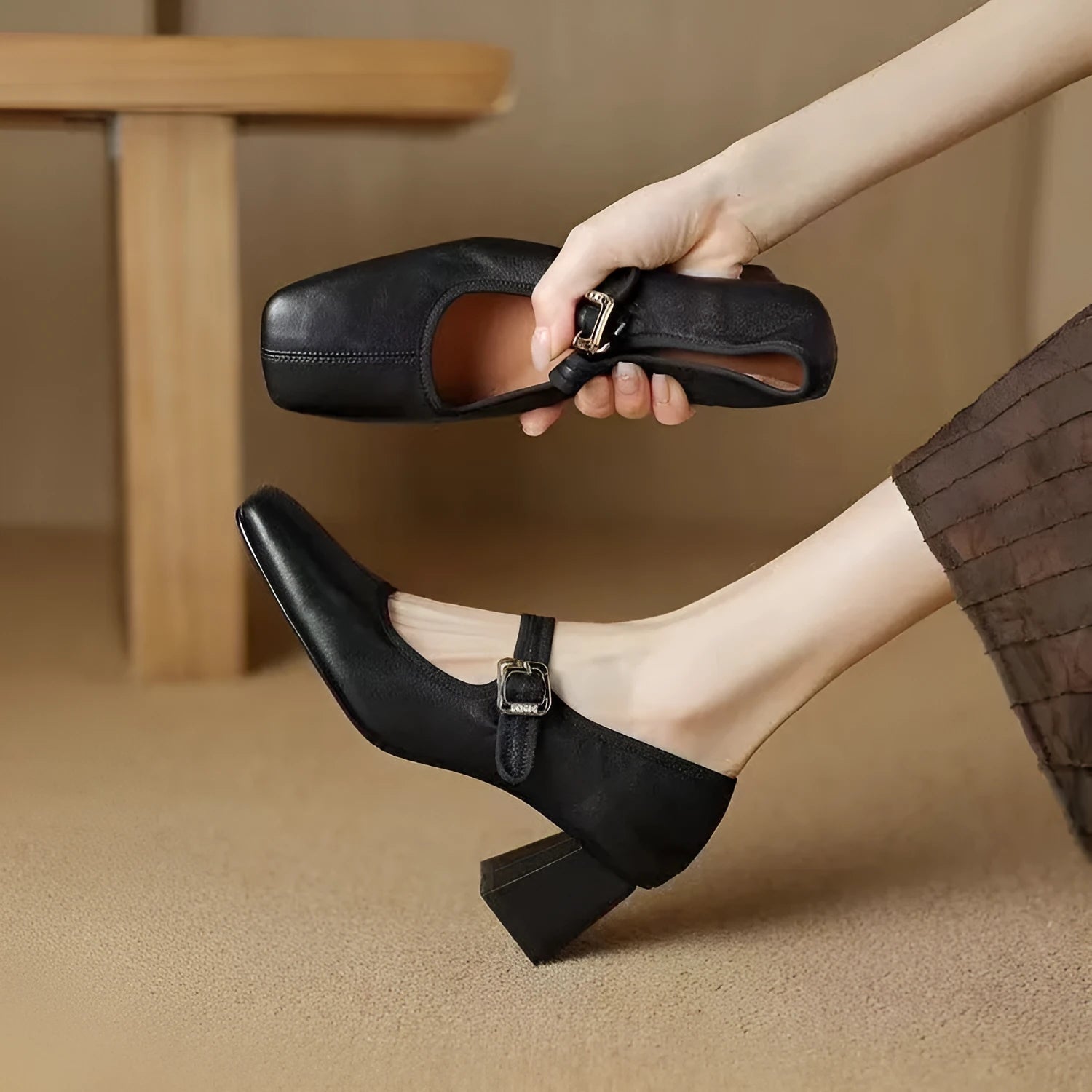 Women's square toe chunky heel pumps in black and wine red with sheepskin upper