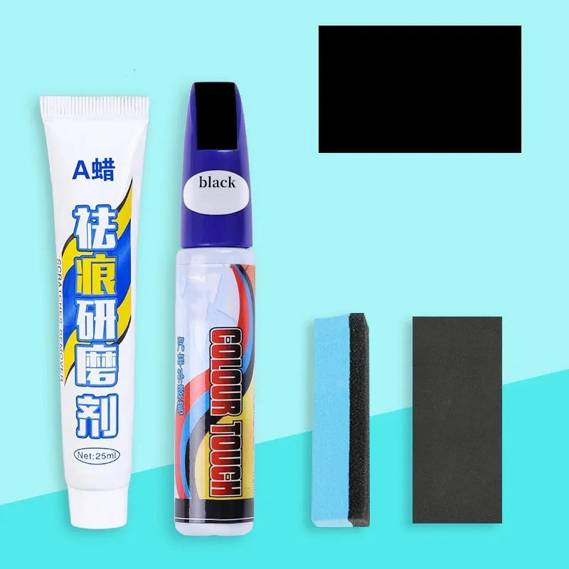 Automotive scratch repair kit with paint pen, wax, sponge, sandpaper in 10 colour options