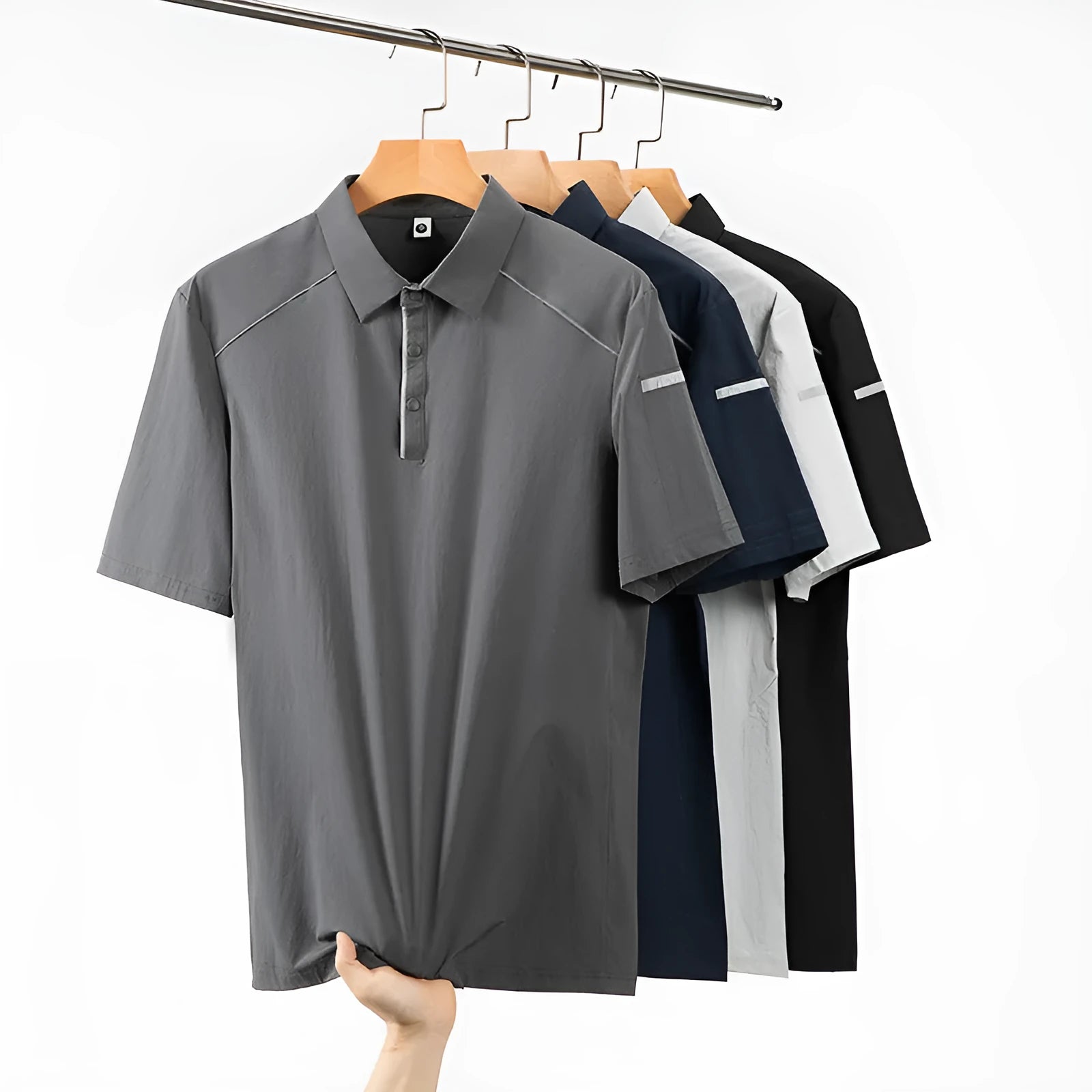 Men's solid colour short sleeve polo shirt with a slit detail, shown in classic black.