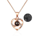 Rose gold copper heart-shaped projection necklace with O chain shows I Love You in 100 languages