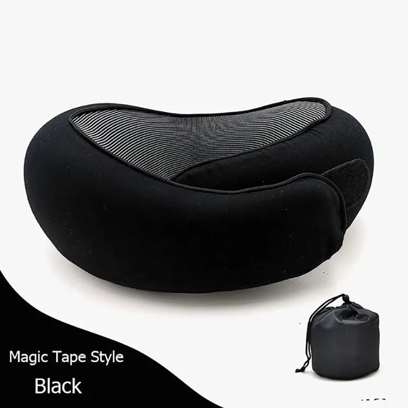 U-shaped travel neck pillow with memory foam filling in navy blue colour with buckle fastening