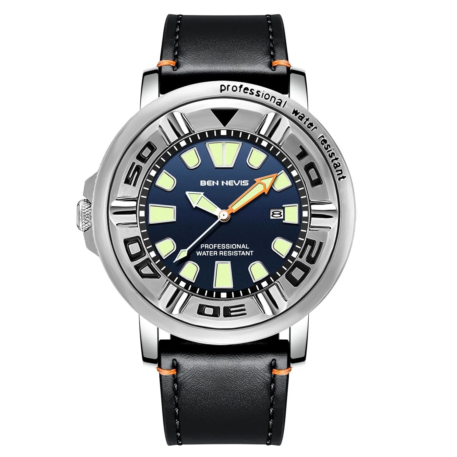 Business men's quartz watch with blue dial, 48mm, luminous hands, and calendar display