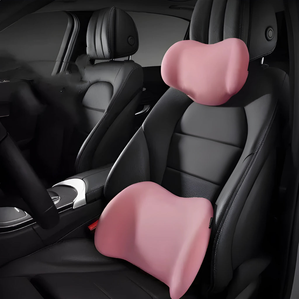 Memory cotton car headrest cushion and separate back cushion set in black, green, grey, and pink colours.