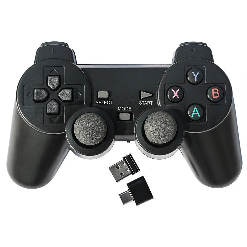 Classic black 2.4GHz wireless gamepad with USB receiver and bracket for Android TV, PC, and PS3