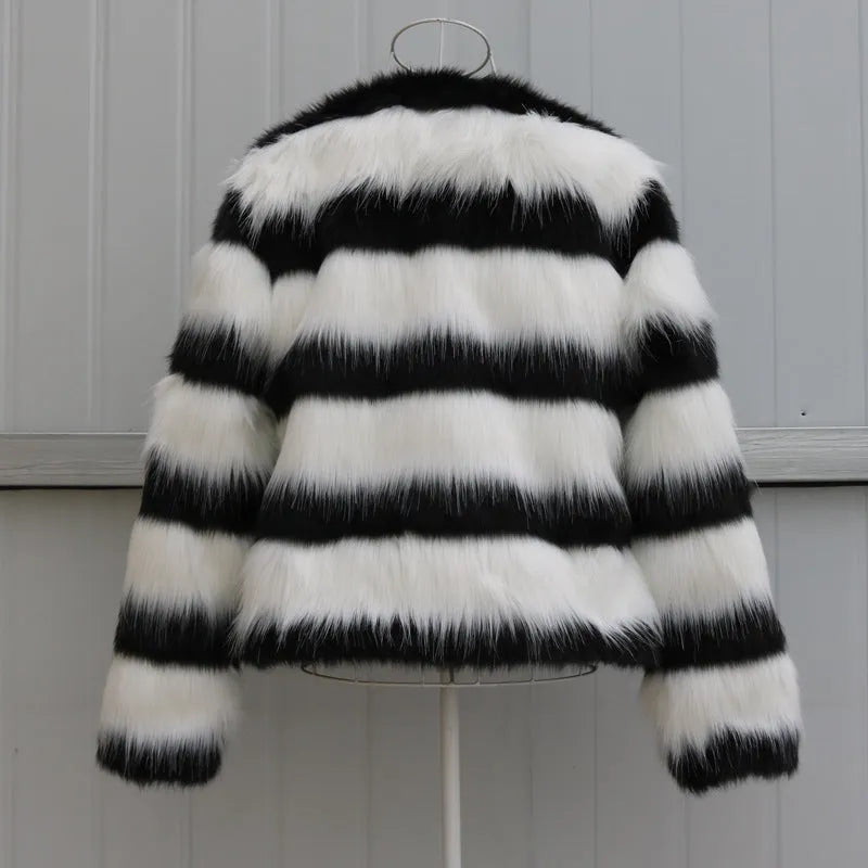 Black and white striped faux fur long-sleeved leather jacket for women