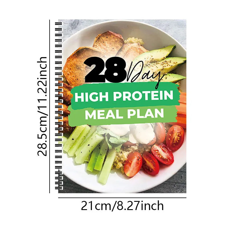 28-day high-protein diet plan book on paper, A4 size 21cm by 28.5cm, with cover titled 28Day Dietary Plan