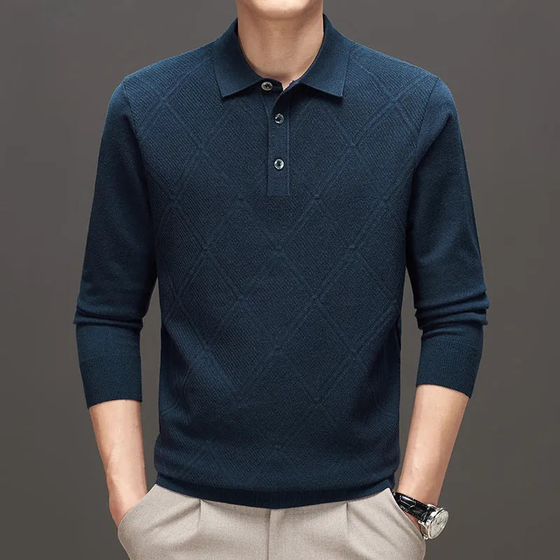 Men's polo collar knitwear sweater in solid colour, long sleeves, loose fit, jacquard knit